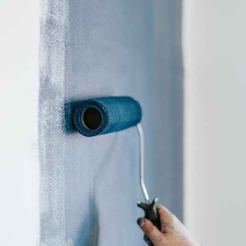 A closeup shot of a female using paint rollers with the color blue